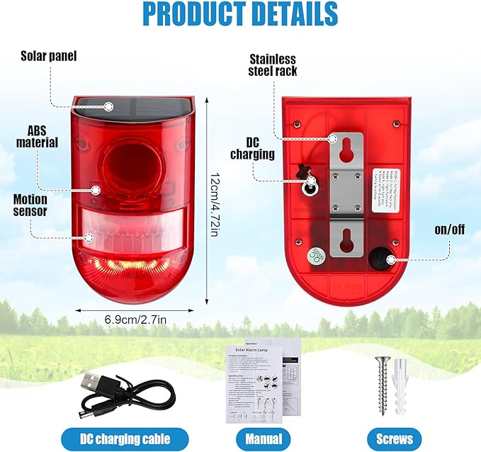 Qualirey Solar Sound and Light Alarm Motion Sensor 129db Outdoor Security Siren Waterproof Activated Detector Driveway Alarm 6 LEDs Flash Warning Deterrent Strobe System for Home, Farm(Red,12 Pack)