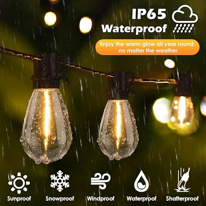 Larkvue 192FT(2x96FT) LED Outdoor String Lights, Patio Lights with 60+3 Shatterproof Waterproof 2700K Dimmable Bulbs, Linkable Light for Balcony-Black