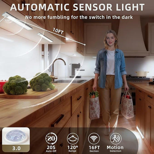 12inch Under Cabinet Lighting, 4 Pack Rechargeable Motion Sensor Light Indoor, Wireless Dimmable Magnetic Closet Lights, 50 LED Under Counter Lights for Kitchen, Wardrobe, Stairs, White Light