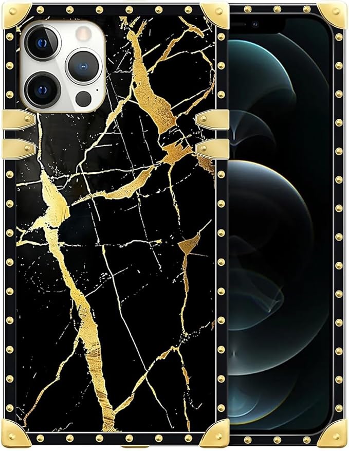 Compatible with iPhone 12 Case, Black Gold Marble Nature Luxury Golden Decoration for Girl Women Soft TPU Shockproof Protective Hard PC Back for iPhone 12 Pro