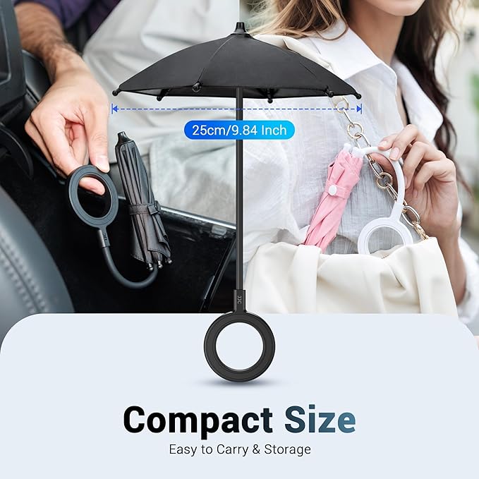 Double Magnetic Phone Umbrella,UPF45+ Magnetic Phone Sunshade Shield for Sun with 360°Adjust & Black Anti-UV Coating,Cellphone Umbrella Compatible with Magsafe Phone-Grip/Magsafe Car Phone-Mount