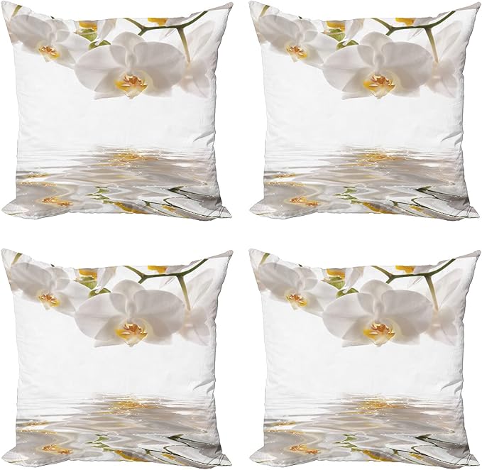 Ambesonne Flower Throw Pillow Cushion Case Pack of 4, Pure Romantic Orchids Branch on Rippling Water Print, Modern Accent Double-Sided Digital Printing, 20", Off White Orange