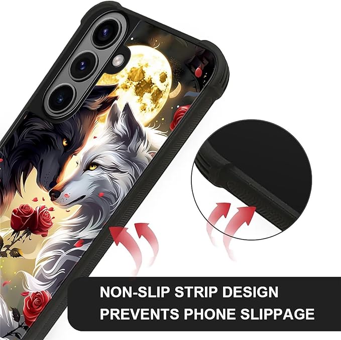 for Samsung Galaxy S26 Case,Graphic Design for Girl Boy Soft Silicone Hard Acrylic Shock Protection Designed for Samsung Galaxy S26 Black White Wolf Moon Flower Rose Pattern