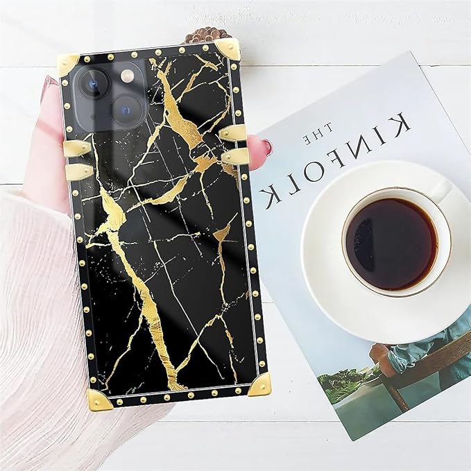 Compatible with iPhone 14 Case, Black Gold Marble Nature Luxury Golden Decoration for Girl Women Soft TPU Shockproof Protective Hard PC Back for iPhone 14