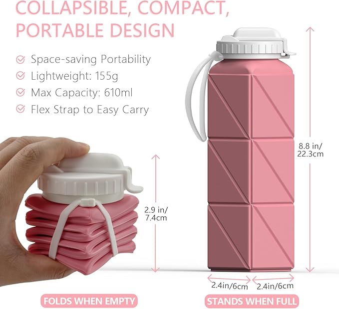 BEAUTAIL Collapsible Water Bottles with Straw 20.6oz, Silicone Foldable Portable Water Bottle, BPA-Free, Leakproof Reusable for Travel Camping Hiking Cycling Yoga Sports, 1 Pack (Pink)
