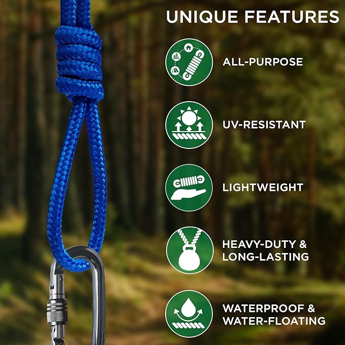 TECEUM Rope – 150 Feet x 1/4 Inch (7mm) – Blue – Strong All-Purpose Utility Rope – Camping, Crafting, Flag Pole, Indoor & Outdoor – Polypropylene Nylon Poly Lightweight Diamond Braided Cord