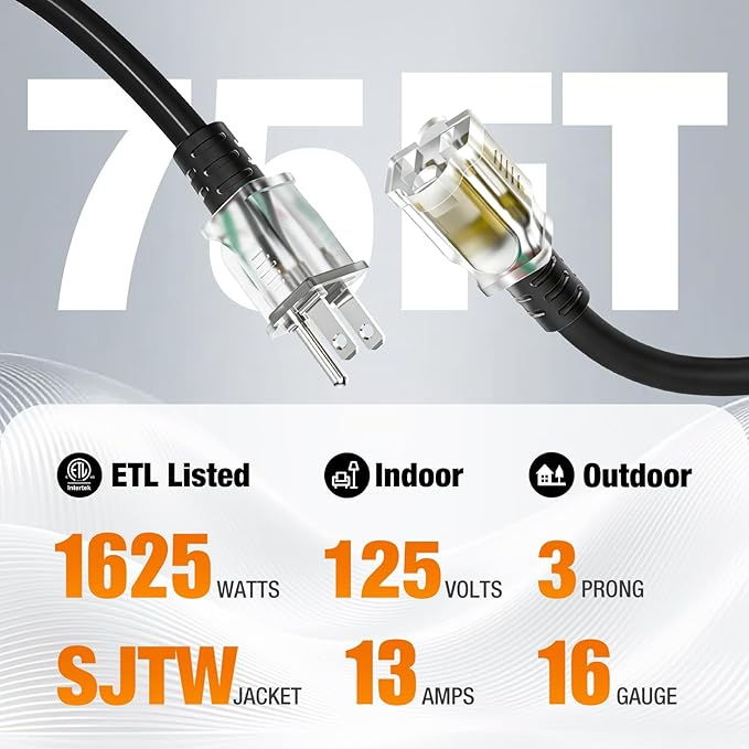 75 FT Outdoor Extension Cord Waterproof, 16/3 Gauge Heavy Duty 3 Prong Power Cord with Lighted Indicator End, 13A 125V 1625W SJTW, ETL Listed, Great for Lawn/Garden/Home(Black)