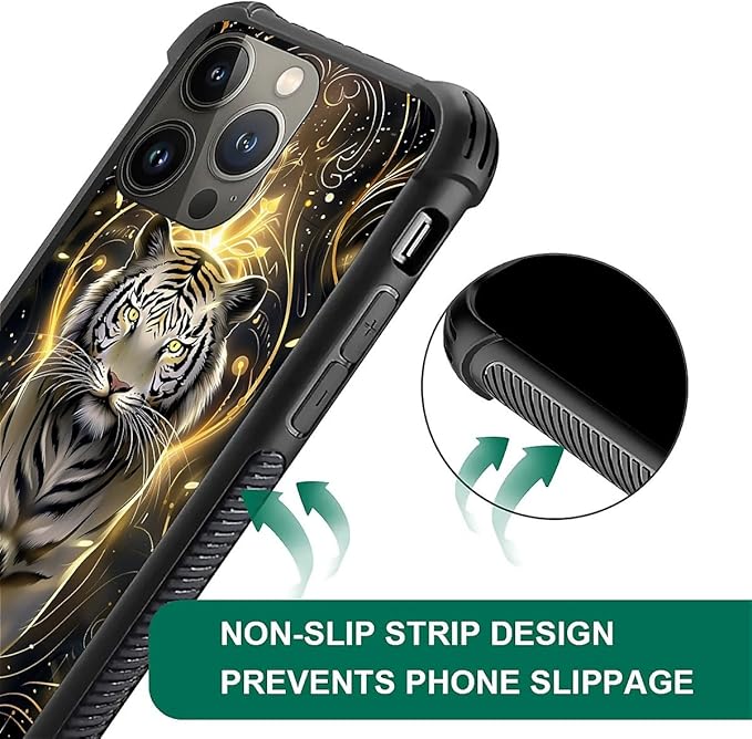 for iPhone 13 Pro Case, White Tiger Golden Mystery Pattern Graphic Design Girl Boy Soft Silicone Hard Acrylic Shock Protection for iPhone 13 Pro