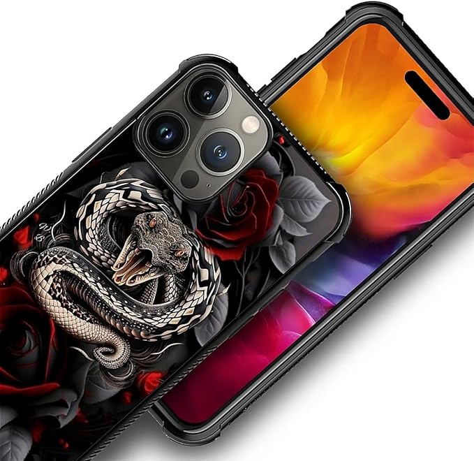 for iPhone 15 Pro Case, Entwined Rose Snake Pattern Graphic Design Girl Boy Soft Silicone Hard Acrylic Shock Protection for iPhone 15 Pro