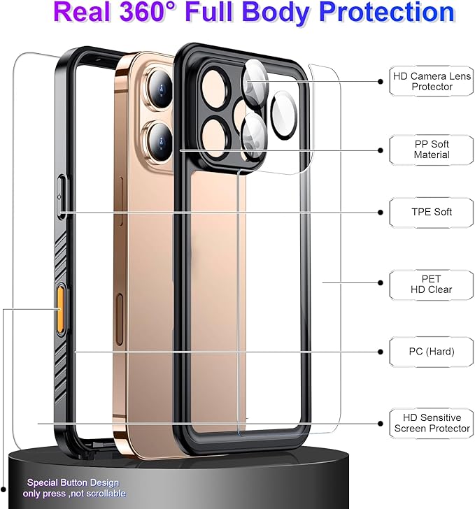Temdan Compatible with iPhone 16 Pro Max Case Waterproof, Built-in Screen & Camera Protector IP68 Underwater Full Body 16FT Military Dropproof Shockproof Phone Case 6.9"-Black/Clear