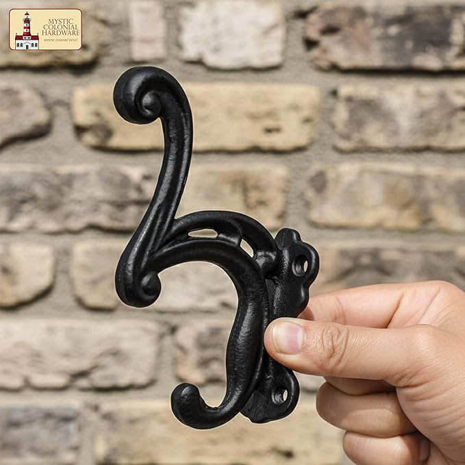 Mystic Colonial Rustic Cast Iron Wall Hooks Heavy Duty Vintage Utility Hooks for Hanging Coat, Bag, Towel, Robe, Hat & More Decorative Wall Mount Hanger, Pack of 2, Black