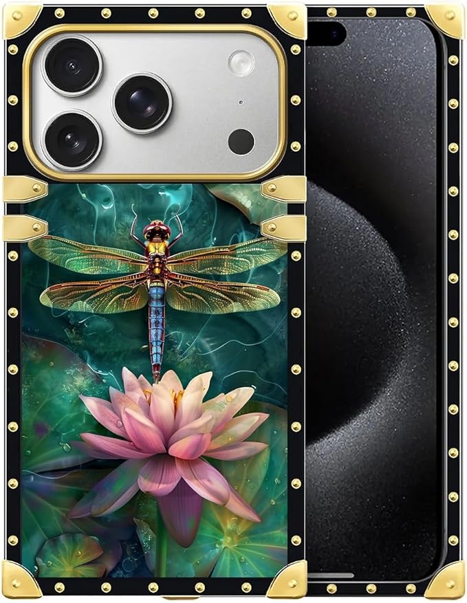 for iPhone 17 Pro Case Luxury Golden Decoration for Girl Women Soft TPU Shockproof Protective Hard PC Back for iPhone 17 Pro Crazy Pattern Colourful Dragonfly Pink Lily Pads