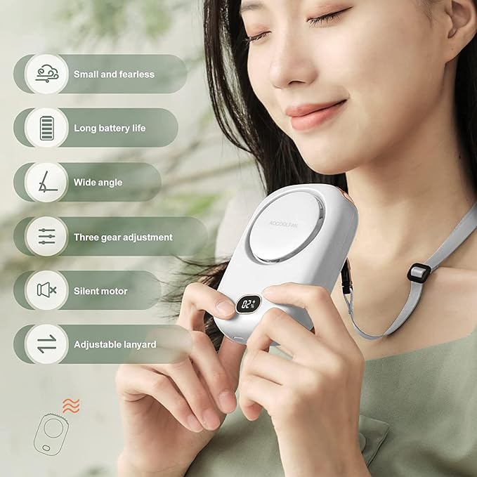 AOCOOLFAN Portable Neck Fan, Mini Small Personal Handheld Fan USB Rechargeable 3 Speed for Girls Boys Woman Eyelash Travel Home Office Outdoor (White)