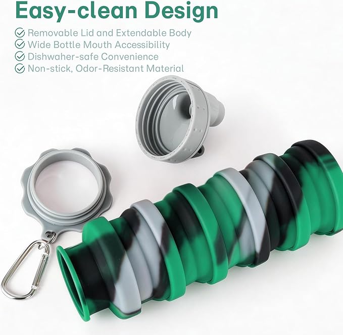 Reusable BPA Free Foldable Silicone Water Bottles for Kids, Students, Adults, Travel Camping Hiking (1pack, Green)