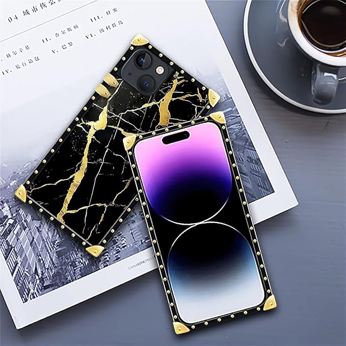 Compatible with iPhone 14 Case, Black Gold Marble Nature Luxury Golden Decoration for Girl Women Soft TPU Shockproof Protective Hard PC Back for iPhone 14