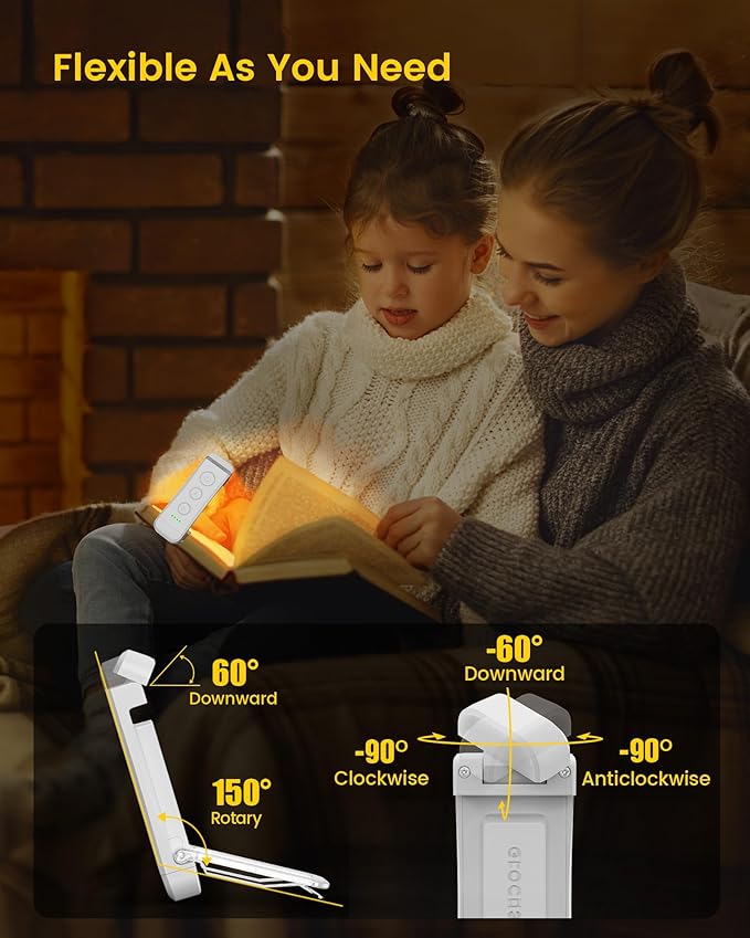 Glocusent USB Rechargeable Book Light for Reading in Bed, Portable Clip-on LED Reading Light, 3 Amber Colors & 5 Brightness Dimmable, Compact & Long Lasting, Perfect for Book Lovers