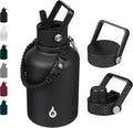 BJPKPK Insulated Water Bottles with Straw Lid, 50oz Large Water Jug, Stainless Steel Vacuum Bottles, Hot & Cold Thermo with 3 Lids and Paracord Handle, Black