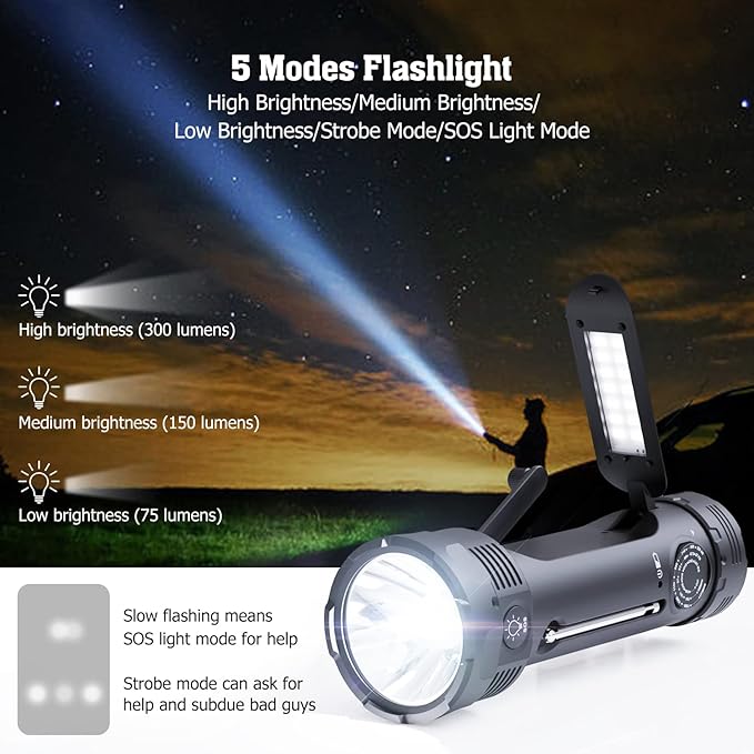 PPLEE Emergency Weather Radio NOAA Certified, Hand Crank Solar Flashlight Radio with Cell Phone Charger, Portable AM FM Battery Powered Radio, Reading Lamp, SOS Alarm for Hurricane Camping Survival