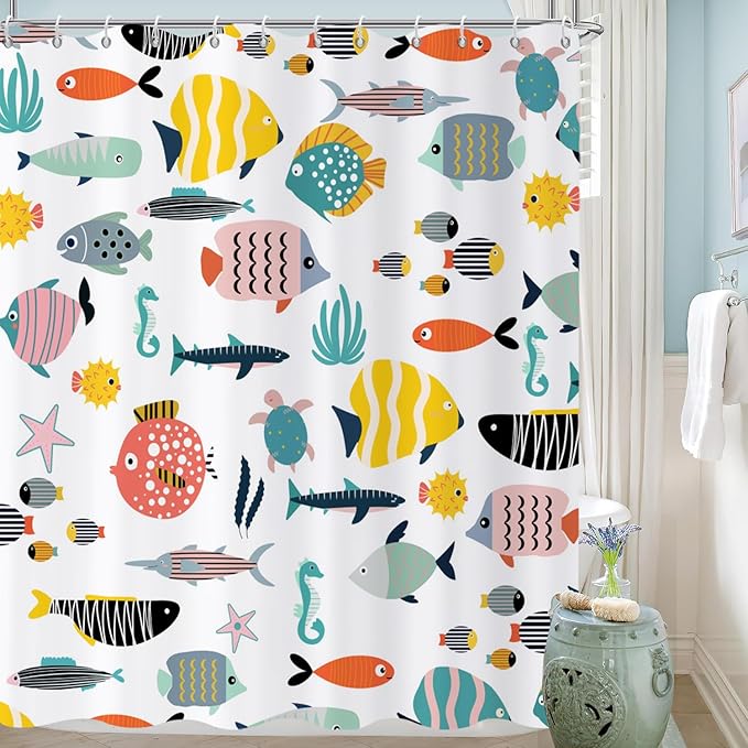 Kid Shower Curtain, Colorful Cartoon Tropical Fish Ocean Beach Theme Bath Curtain Waterproof Fabric Machine Washable with Hooks, 72" Wx78 L