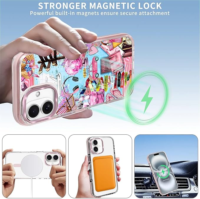 Case for iPhone 16 Plus,[Compatible with MagSafe],Cover Holiday Trip World Map Phone Case Design，for Women Girls Magnetic Clear Cover - Slim, Sleek, & Shockproof Protection
