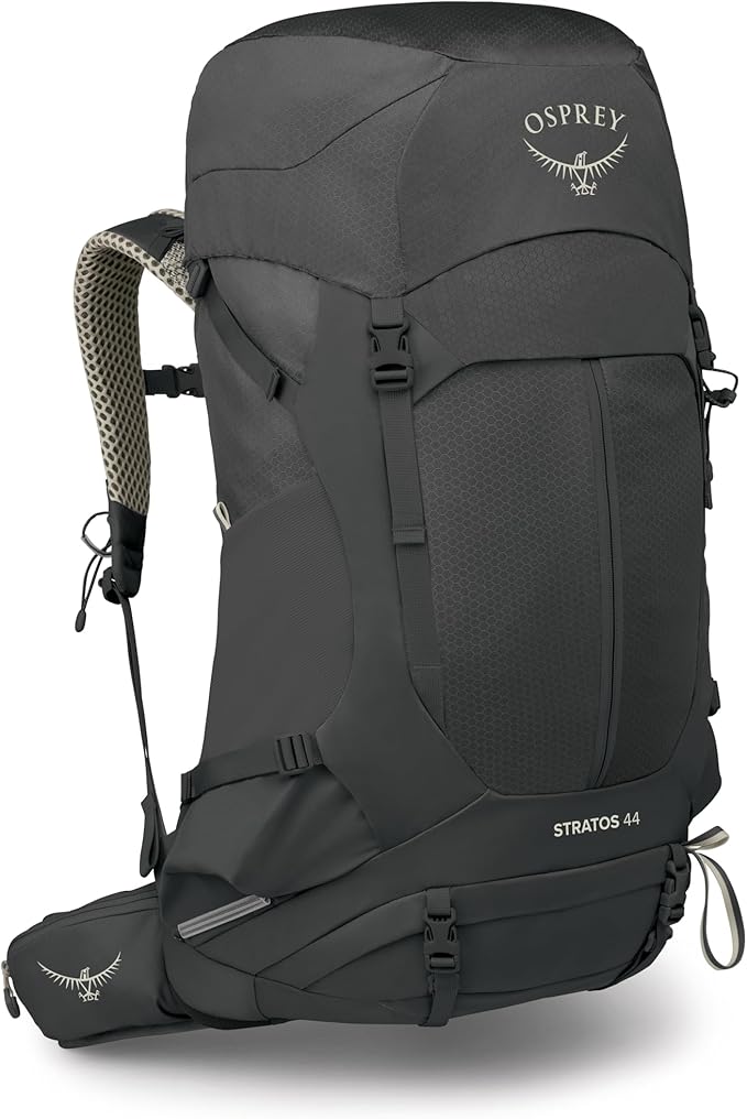 Osprey Stratos 44L Men's Hiking Backpack - Lightweight Backpacking Pack with Waterproof Raincover - Camping Bag, Raven Black