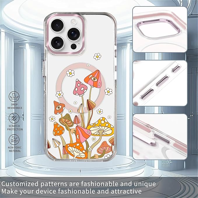 Case for iPhone 15 Pro Max,[Compatible with MagSafe],Retro Mushroom Sunflower Phone Case Design，for Women Girls Magnetic Clear Cover - Slim, Sleek, & Shockproof Protection