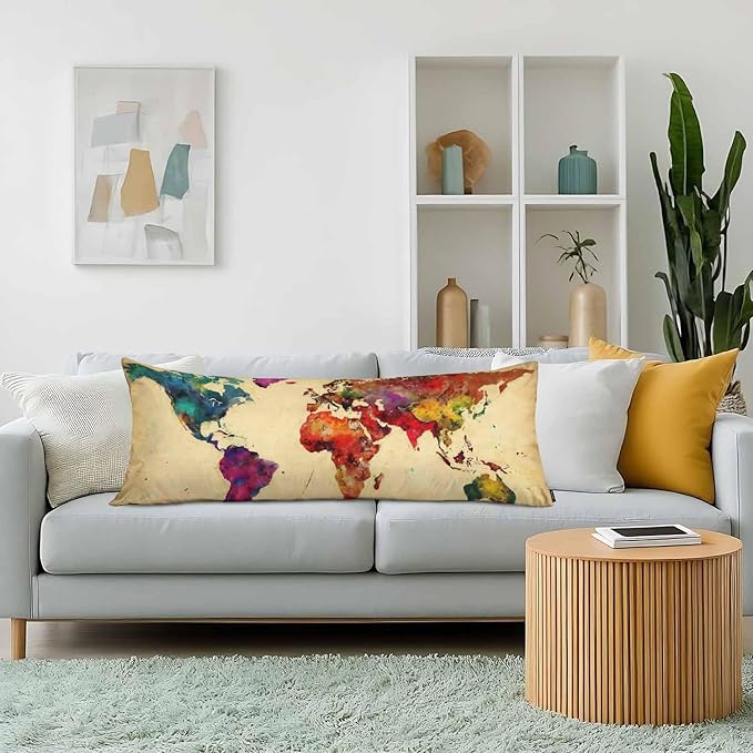 World Map Body Pillow Pillowcase, Retro World Map Colorful Body Pillow Cushion Cover, 20x54 Inch Lumbar Pillow Cover Large Pillow Protector for Home Couch Sofa