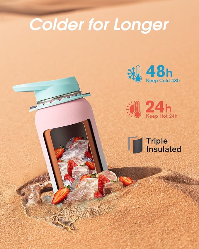 Coolflask Water Bottle with Straw, 32 oz Insulated Metal Water Flask with Straw & Spout Lids, Stainless Steel Double Wall Vacuum, Keep Cold 48h Hot 24h, Leak Proof, BPA-Free, Bubblegum Princess