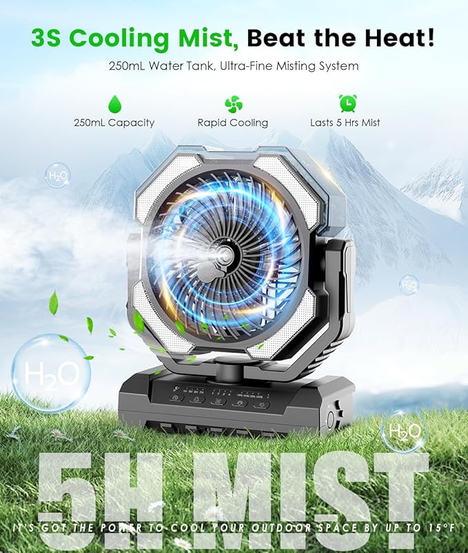 Camping Misting Fan - 24000mAh Portable Battery Powered Fans with 9oz Water Tank, Light, Hook - Rechargeable, 120H Cooling, Last 5H Mist, 4 Speed, Sleep Mode - Outdoor Gear, Travel Essentials