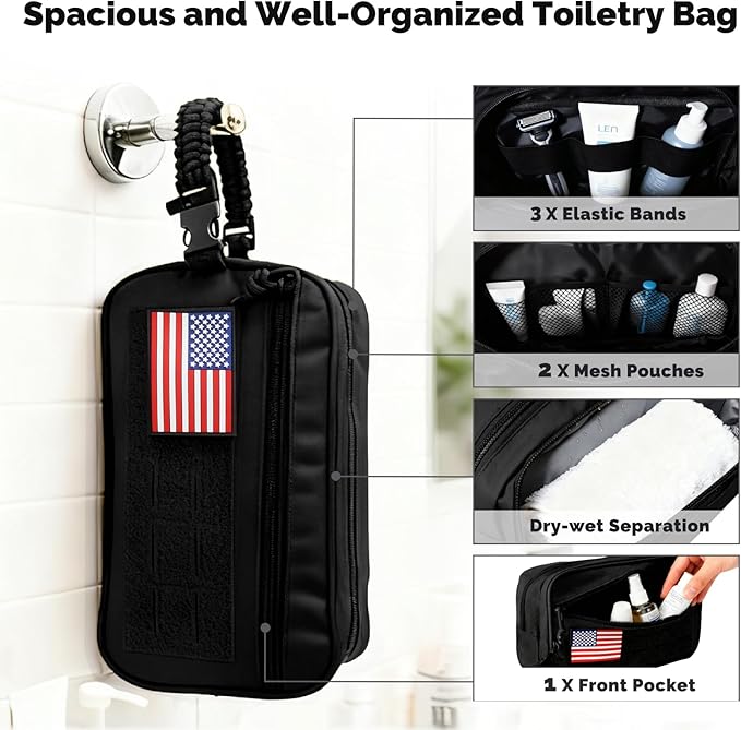 Toiletry Bag for Men Tactical Travel Dopp Kit with Wet Dry Compartment 3 Zipper Pockets 900D Water Resistant MOLLE System Organizer for Gym Hiking Travel Shaving EDC Accessories Gifts Him