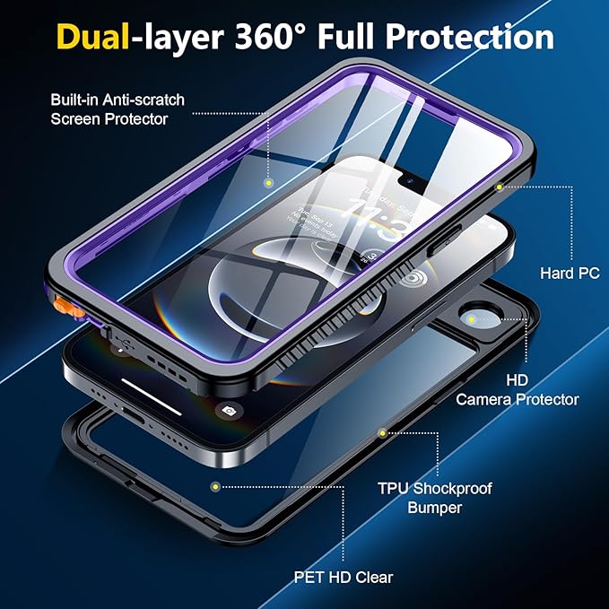 SPIDERCASE for iPhone 16e Case/iPhone 17e Case Waterproof,Built-in Screen & Camera Lens Protector[IP68 Underwater] Full Body Protection Phone Case for iPhone 16e/iPhone 17e 6.1'', Purple/Clear | Waterproof, Built-in Screen, IP68 Underwater