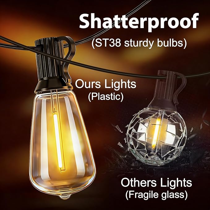 LumBelle Smart Outdoor String Lights, 200FT ST38 LED Patio Lights with Timer Remote APP Control, 84 Shatterproof LED Bulbs (4 Spare), Dimmable Waterproof Hanging Light for Backyard Porch Party Decor