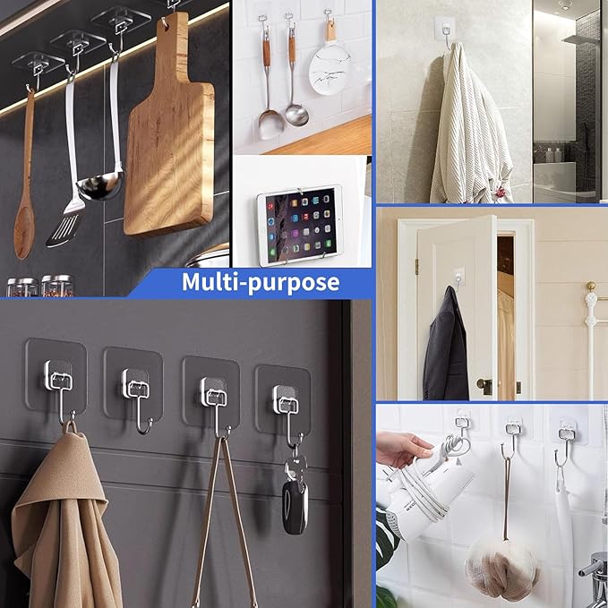 10 PCS Adhesive Wall Hooks 33lb(Max) Reusable Anti-Skid Traceless Hooks Heavy Duty 180 Degree Rotating,Waterproof and Oilproof, Bathroom Kitchen Heavy Duty Self Adhesive