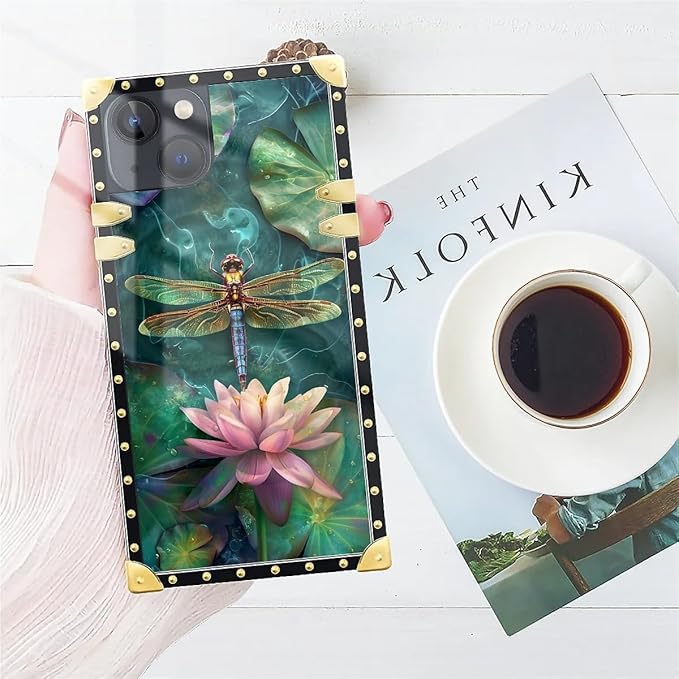 Compatible with iPhone 13 Case, Colourful Dragonfly Pink Lily Pads Luxury Golden Decoration for Girl Women Soft TPU Shockproof Protective Hard PC Back for iPhone 13