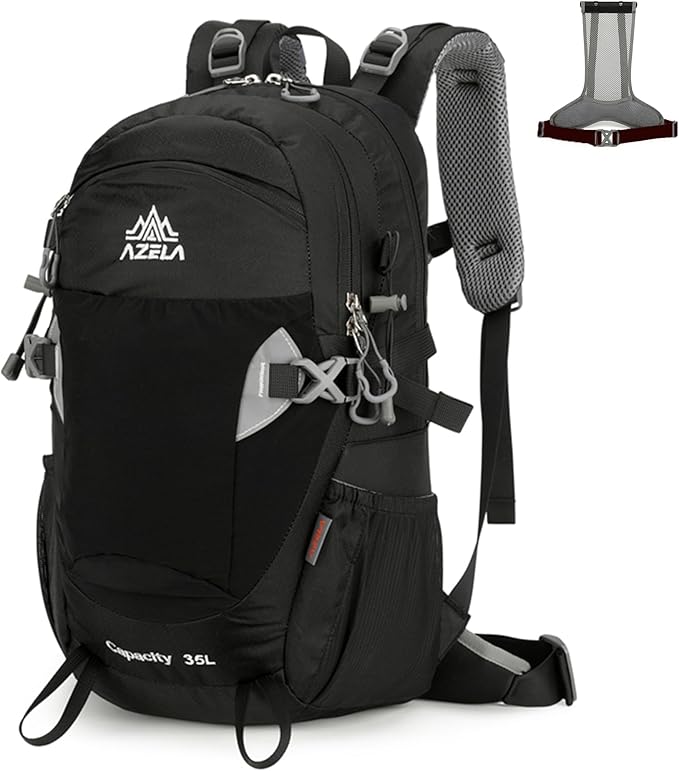 35L Hiking Backpack Detachable Frame Backpack with Rain Cover Waterptoof Travel Backpack for Women Men Daypack for Camping (Black)