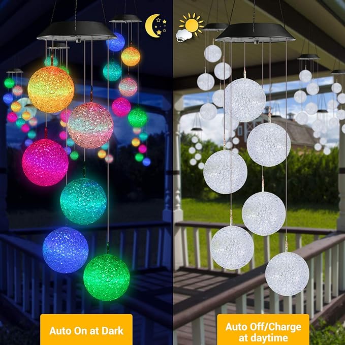 Toodour Solar Wind Chime, Color Changing Ball Wind Chimes, LED Decorative Mobile, Gifts for Mom Grandma, Waterproof Outdoor Solar Lights for Garden, Patio, Party, Yard, Window, Outdoor Decor