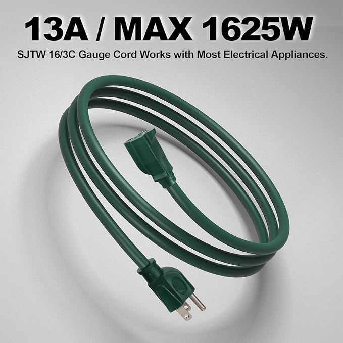 EP 6FT Green Outdoor Extension Cord, 16/3 SJTW Heavy Duty Waterproof, 3 Prong Grounded Plug, 13A 1625W 16AWG, Cold-Resistant Flexible Power Cable for Garden, Home, Christmas Lights.