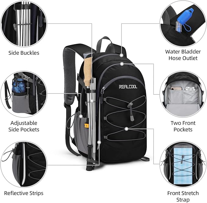 RealCool Hiking Backpack for Men Women,20L Lightweight Waterproof Travel Camping Backpack Hiking Daypack for Cycling Running,Black
