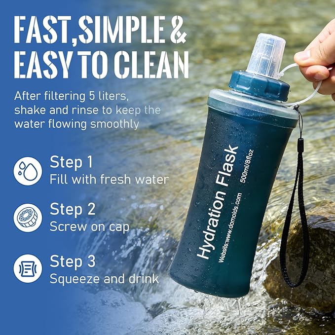 700ML Collapsible Water Bottle with Filter for Hiking, Camping & Travel - TPU Soft Flask, 0.1 Micrometer Hollow Fiber Membrane for Clearer, Better Tasting Outdoor Water(Hunter Green)