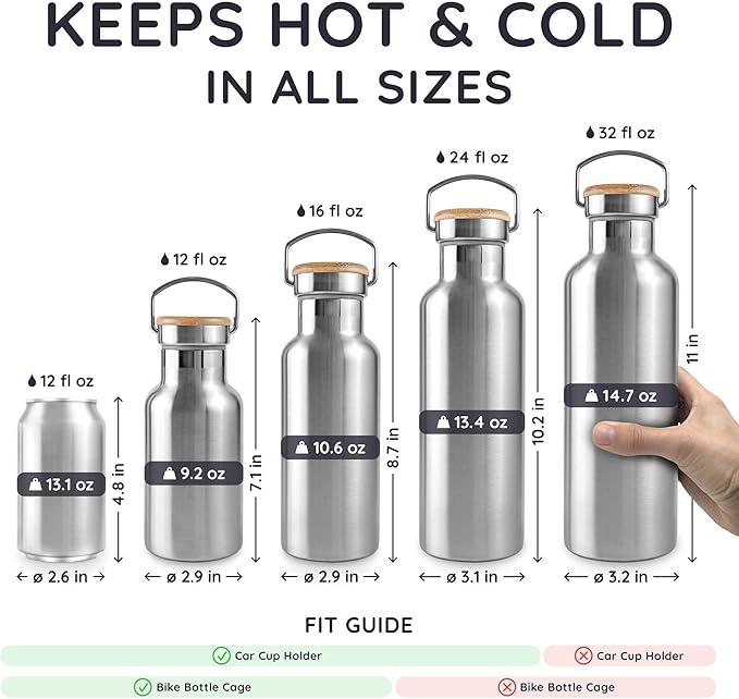 Bambaw 24 oz Metal Water Bottle, Insulated Stainless Steel Water Bottle, Great for Travel, Wide Mouth for Easy Cleaning, Reusable & Durable, Rust-Resistant & Sturdy (Natural Steal)