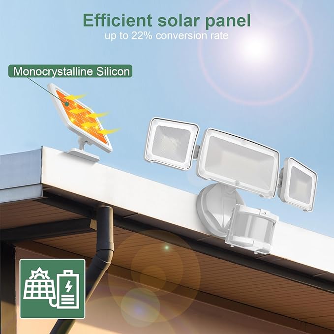 GLORIOUS-LITE Solar Security Lights 2400mAh LED Motion Sensor Light Outdoor, Rechargable 1600lm Solar Flood Light, 5500-6000K, IP 65 Waterproof for Garage, Yard, Porch, Entryways - White