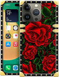 Compatible with iPhone 14 Pro Case, Vector Red Rose Green Leaf Luxury Golden Decoration for Girl Women Soft TPU Shockproof Protective Hard PC Back for iPhone 14 Pro