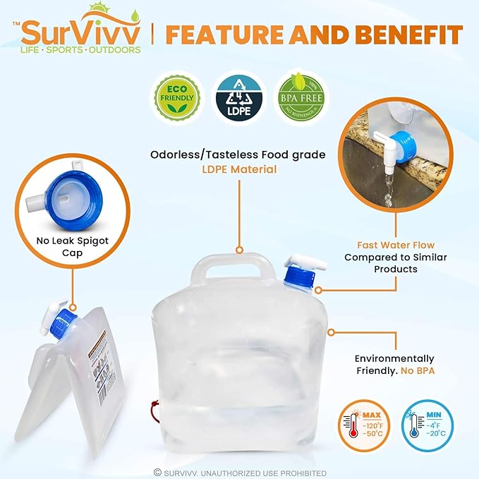 Collapsible Water Container with Spigot, BPA Free, Food Safe Camping Water Storage Cube Jug for Outdoor Hiking Hurricane & Emergency Survival Kit, Portable Foldable Canteen