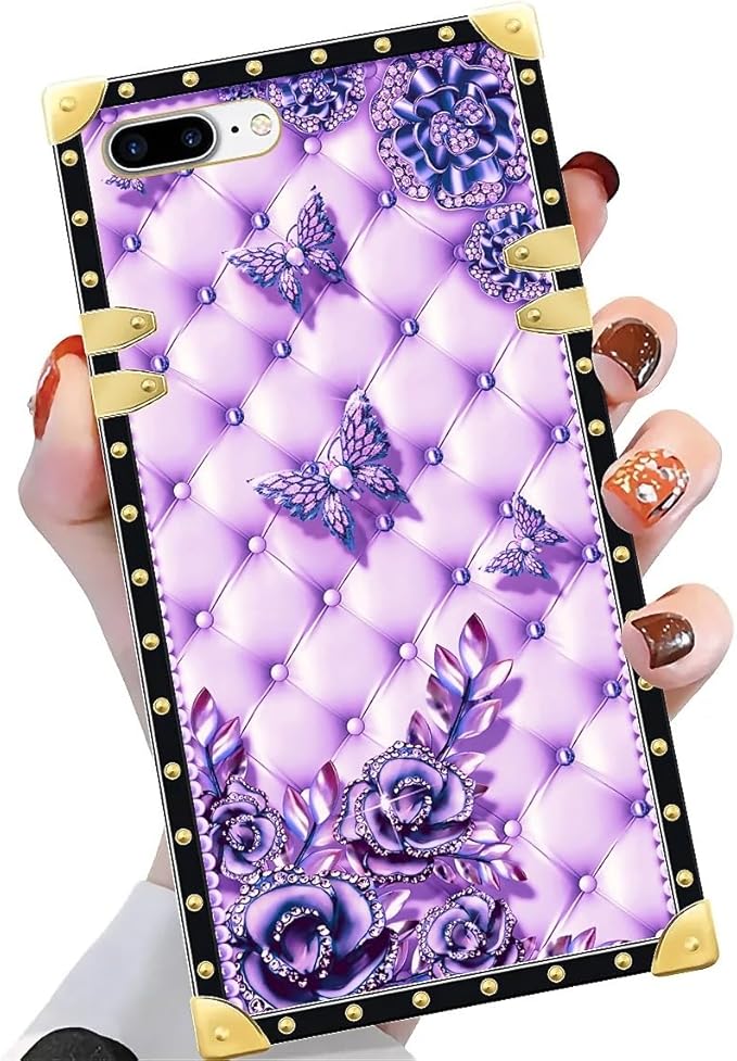 Compatible with iPhone 8 7 SE Case, Purple Butterfly Flowers Leaf Luxury Golden Decoration for Girl Women Soft TPU Shockproof Protective Hard PC Back for iPhone 8 7 SE