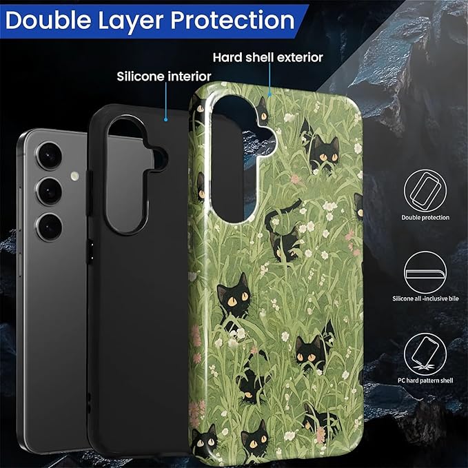 for Samsung Galaxy S23 FE Case,HL2 Grass Cat Hybrid 2 Layer Hard Shell Silicone Protective Pattern Design Case
