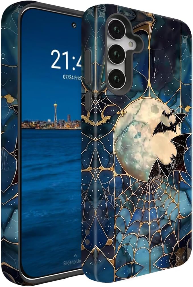 Compatible for Samsung Galaxy A36 5G Case, Dual Layer Heavy Duty 2 in 1 Shockproof Protective Phone Case,Stained Glass Bats Spooky Moon