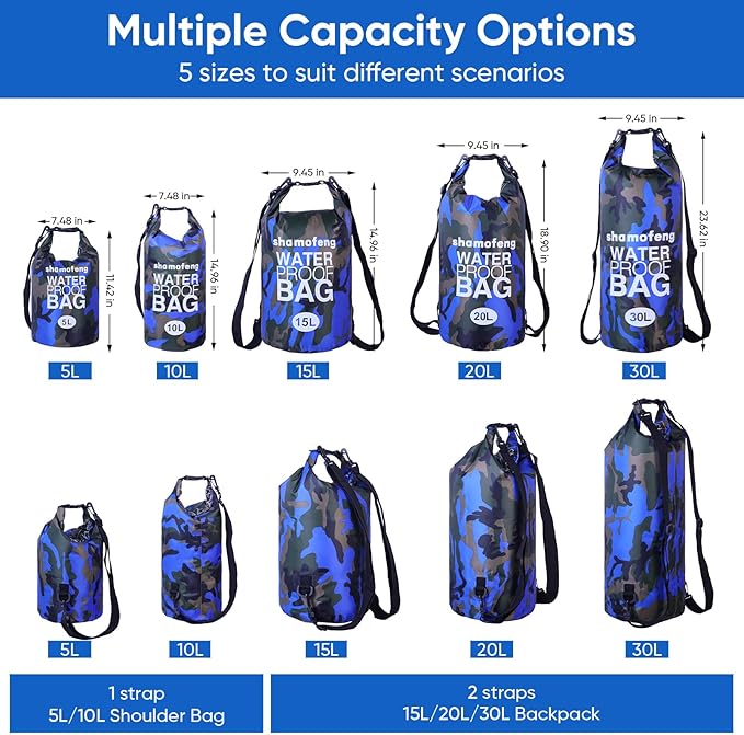 Waterproof Dry Bag 5L/10L/15L/20L/30L Roll Top Dry Storage Backpack with Phone Case, Collapsible Water Bottle, Sunglasses, Ear Band for Kayaking Boating Swimming Fishing Camping,Blue 30L