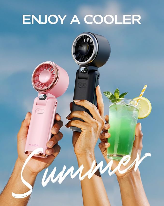 SWEETFULL Portable Handheld Turbo Fan - Portable Fans Rechargeable, 5000mAh, 180° Adjustable, 5 Speed Wind, Digital Display Electric Personal Hand Fan Quiet, Travel Essentials, Beach Vacation (Pink)