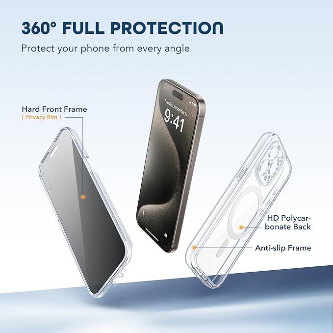TIESZEN for iPhone 15 Pro Max Case, Compatible with MagSafe, Built-in Privacy Screen Protector and Camera Protection, Anti Spy Full Body Dustproof Shockproof Hard Phone Case 6.7",Clear