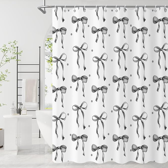 Grey and White Bow Shower Curtain, Grey Modern Aesthetic Bowknot with Polka Dot Cute Girly Bathroom Curtain Waterproof Fabric Machine Washable with Hooks, 72" Wx84 L
